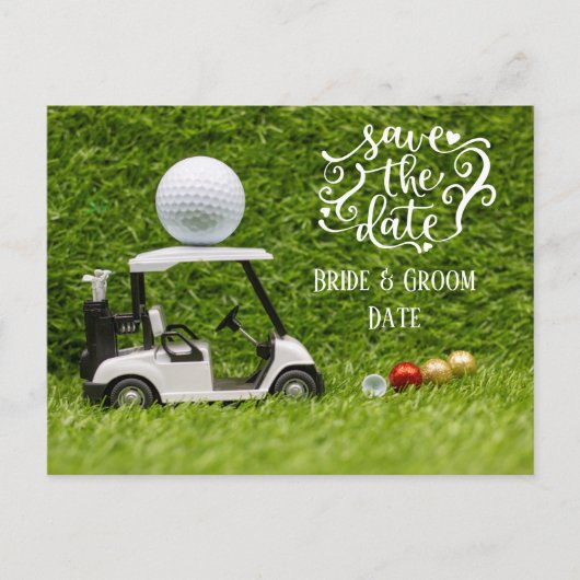 Golf Save the Date Golfwagen und Ball auf Grün Postkarte (Vorderseite)