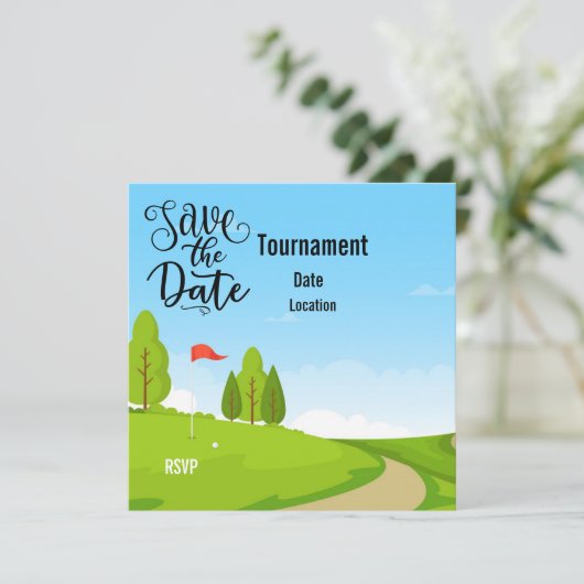 Golf Save the Date mit Blick auf Golfplatz (Stehend Vorderseite)