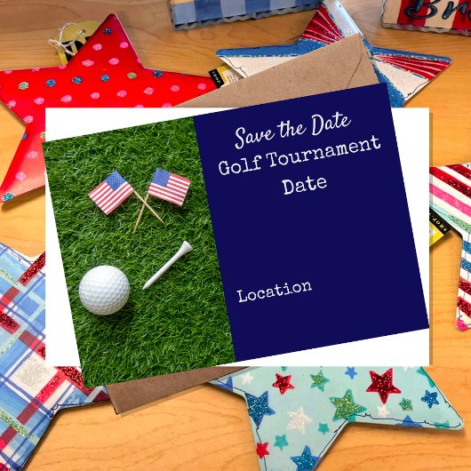 Golf Save the Date mit der Flagge Amerikas und dem Einladung
