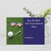 Golf Save the Date mit der Flagge Amerikas und dem Einladung (Stehend Vorderseite)