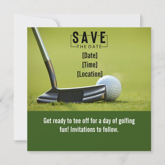 Golf Save the Date mit Golfball auf grünem Rasen (Vorderseite)