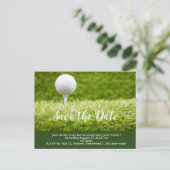 Golf Save the Date mit Golfball auf grünem Rasen Postkarte (Stehend Vorderseite)