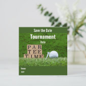 Golf Save the Date mit Golfball Party par tee (Stehend Vorderseite)
