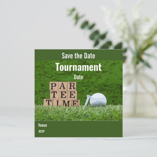 Golf Save the Date mit Golfball Party par tee (Stehend Vorderseite)