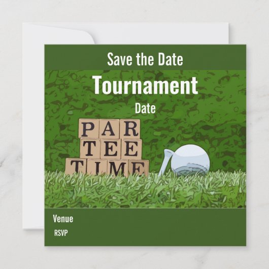 Golf Save the Date mit Golfball Party par tee (Vorderseite)