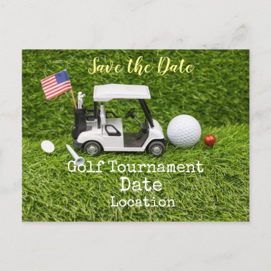 Golf Save the Date mit Golfball und amerikanischer Postkarte (Vorderseite)