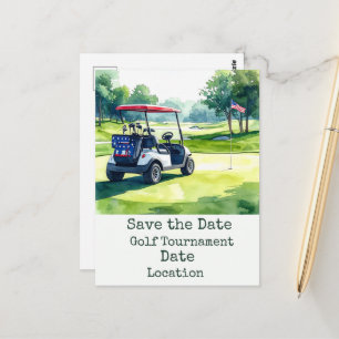 Golf Save the Date mit Golfball und amerikanischer Postkarte