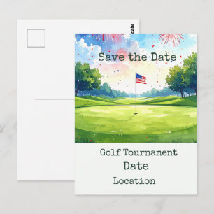 Golf Save the Date mit Golfball und amerikanischer Postkarte