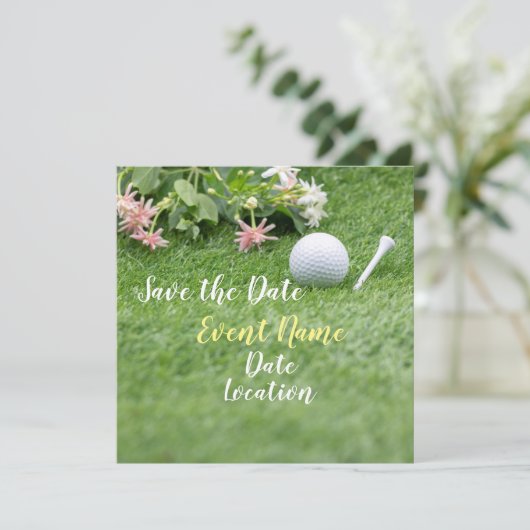 Golf Save the Date mit Golfball und Blume (Stehend Vorderseite)