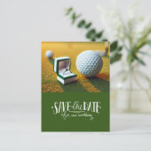 Golf Save the Date mit Golfball und Ring Postkarte (Stehend Vorderseite)
