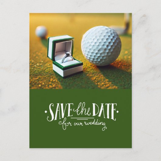 Golf Save the Date mit Golfball und Ring Postkarte (Vorderseite)