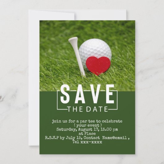Golf Save the Date mit Golfball und Rotem Herz Einladung (Vorderseite)
