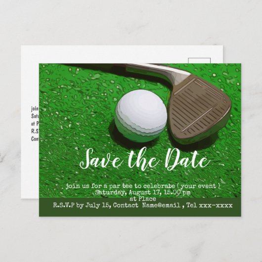 Golf Save the Date mit Golfball und Sandkeil Postkarte (Vorne/Hinten)