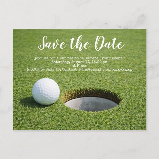 Golf Save the Date mit Golfball und Sandwedge Postkarte (Vorderseite)