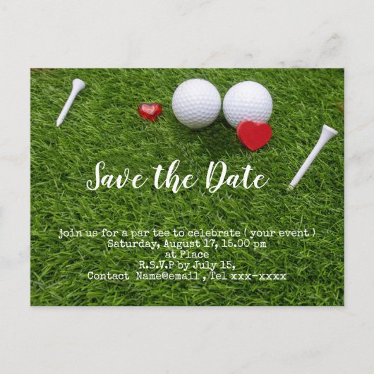 Golf Save the Date mit Golfball und T-Shirts Postkarte (Vorderseite)