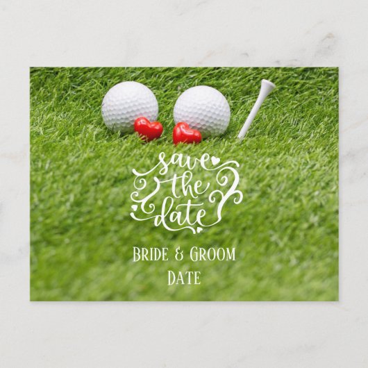 Golf Save the Date mit Golfball und Tee auf Grün Postkarte (Vorderseite)
