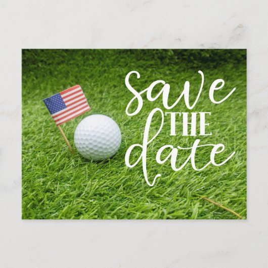 Golf Save the Date mit Golfball und U.S.A.Flag Postkarte (Vorderseite)
