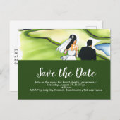 Golf Save the Date mit Golfer Braut und Bräutigam Postkarte (Vorne/Hinten)