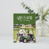 Golf Save the Date mit Golfwagen auf Grün Postkarte (Stehend Vorderseite)