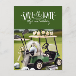 Golf Save the Date mit Golfwagen auf Grün Postkarte