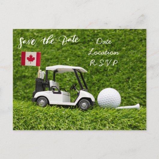 Golf Save the Date mit Golfwagen Flagge Kanadas Postkarte (Vorderseite)