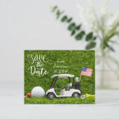 Golf Save the Date mit Golfwagen und Flagge der US Postkarte (Stehend Vorderseite)