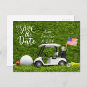 Golf Save the Date mit Golfwagen und Flagge der US Postkarte (Vorne/Hinten)