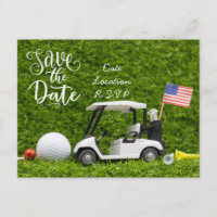 Golf Save the Date mit Golfwagen und Flagge der US
