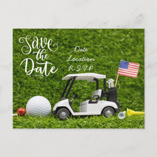 Golf Save the Date mit Golfwagen und Flagge der US Postkarte (Vorderseite)
