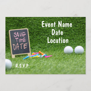 Golf Save the Date mit Schild und Golfball und Tee Einladung