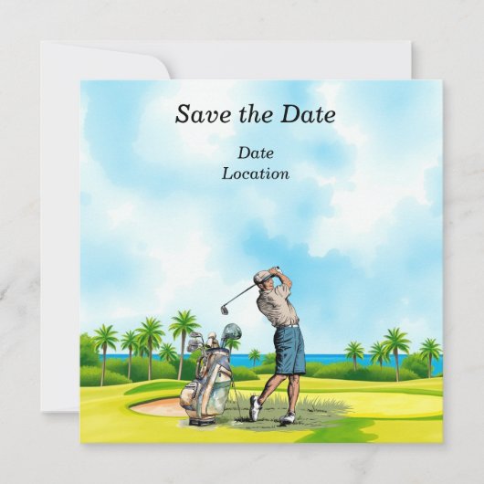 Golf Save the Date Party mit Golfer Einladung (Vorderseite)