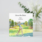 Golf Save the Date Party mit Golfer Einladung (Stehend Vorderseite)