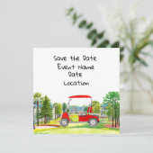 Golf Save the Date Party mit Golfwagen Einladung (Stehend Vorderseite)