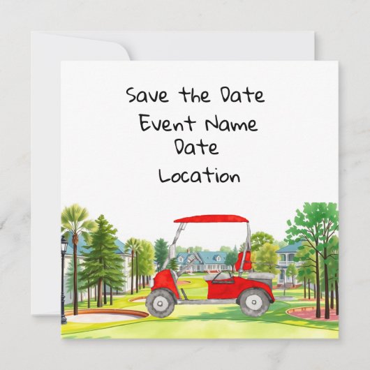Golf Save the Date Party mit Golfwagen Einladung (Vorderseite)