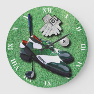 Golf Shoes Ball Gloves Club Driver With Your Name Große Wanduhr