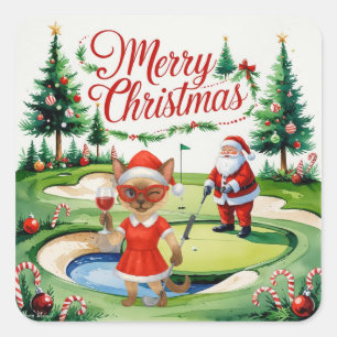 Golf Siamese Cat ist in Weihnachten Golf Course Quadratischer Aufkleber