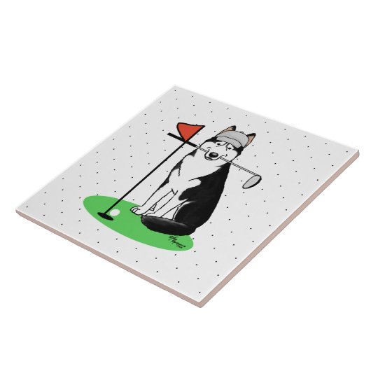 Golf Siberischer Husky (schwarz) Hund Niedliches S Fliese (Seite)