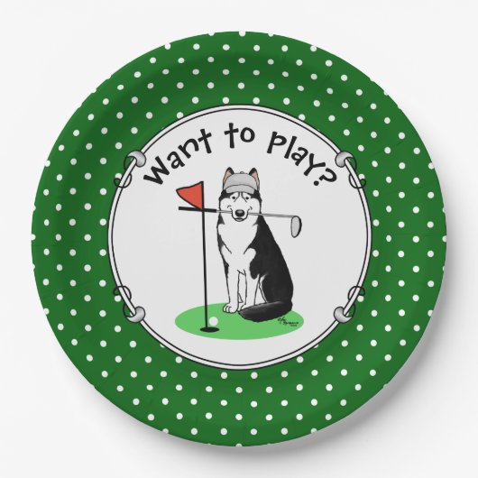 Golf Siberischer Husky (schwarz) Hund Niedliches S Pappteller (Vorderseite)