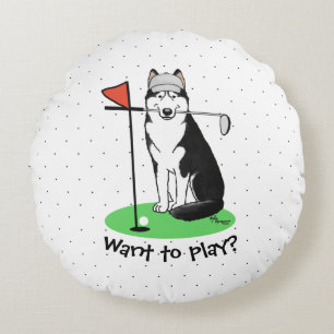 Golf Siberischer Husky (schwarz) Hund Niedliches S Rundes Kissen