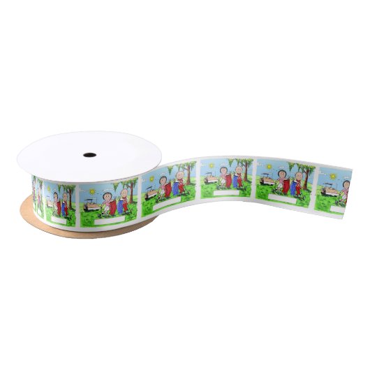 Golf spielende Paare - personalisierter Cartoon Satinband (Spule)
