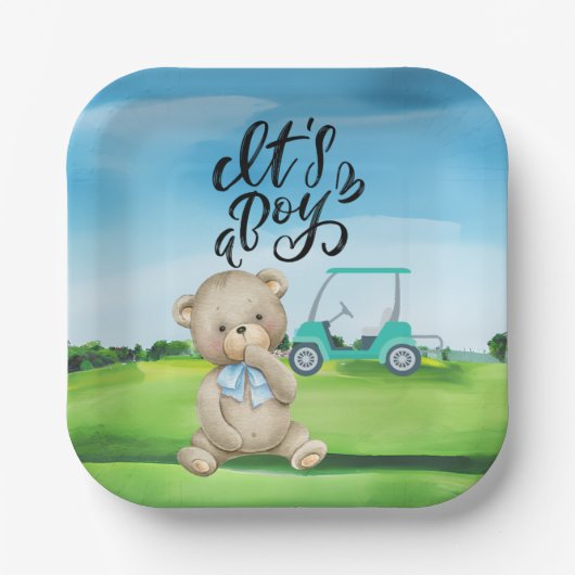 Golf Teddy Bear It's Boy for Baby Shower Pappteller (Vorderseite)