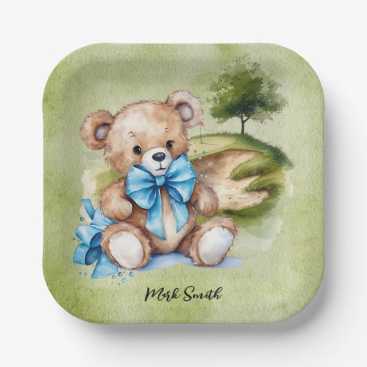 Golf Teddy Bear It's Boy for Baby Shower Pappteller (Vorderseite)