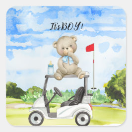 Golf Teddy Bear It's Boy for Baby Shower Quadratischer Aufkleber