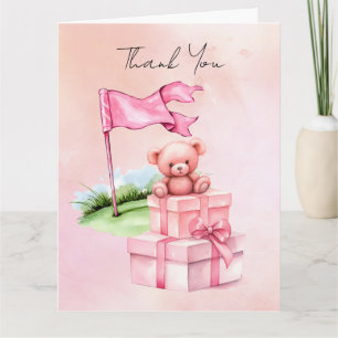 Golf-Teddybär mit rosa Geschenkbox auf Grün Dankeskarte