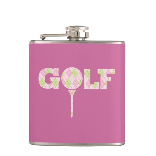Golf Tee Logo Raute Rosa Damen karierter Name Flachmann (Vorderseite)