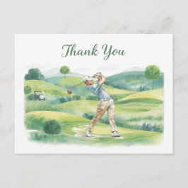 Golf Thank You Card with Golfer Swinging on Green Postkarte