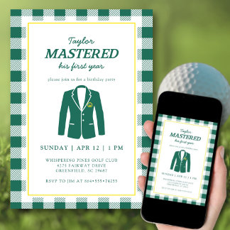 Golf Thema zum 1. Geburtstag gemeistert Grün Karie Einladung