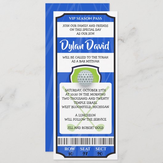 GOLF TICKET Bar Bat Mitzvah Einladung (Vorne/Hinten)
