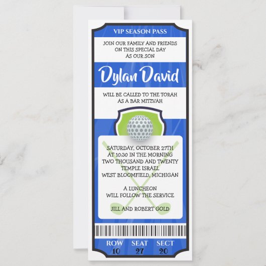 GOLF TICKET Bar Bat Mitzvah Einladung (Vorderseite)