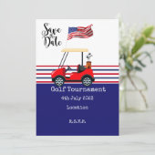 Golf Turnier mit der Flagge Amerikas auf grün Einladung (Stehend Vorderseite)
